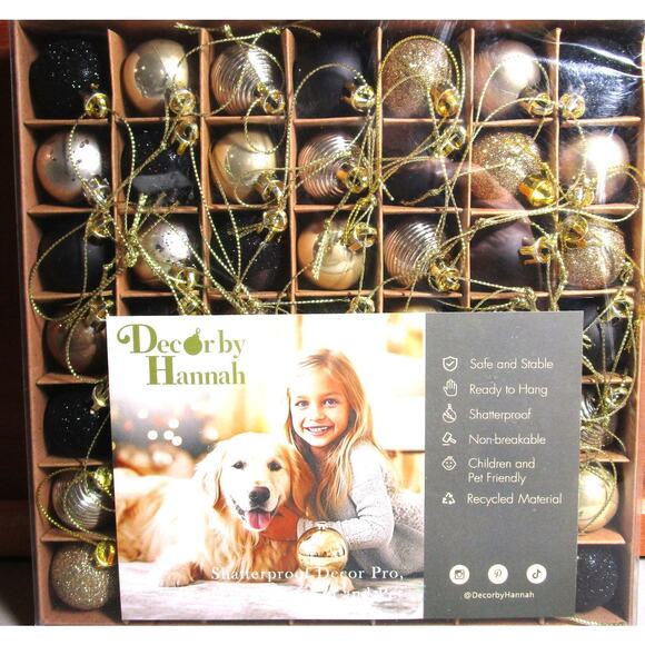 Decor by Hannah Black & Gold Christmas Baubles 49pc 30mm Shatterproof Ornaments - Picture 1 of 4